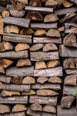 Background of splitted, dried and stacked firewood.