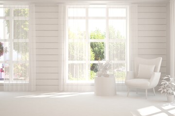 Naklejka na ściany i meble White living room with armchair and green landscape in window. Scandinavian interior design. 3D illustration
