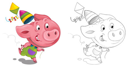 cartoon happy scene with sketch with pig having fun - illustration