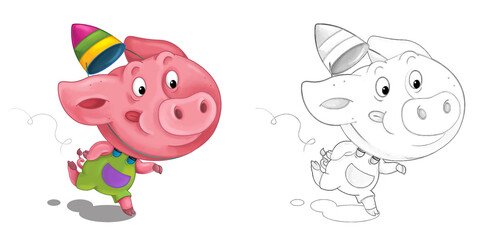 cartoon happy scene with sketch with pig having fun - illustration