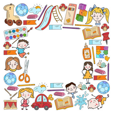 Kindergarten. Vector frame and pattern with toys and small children. Preschool education.