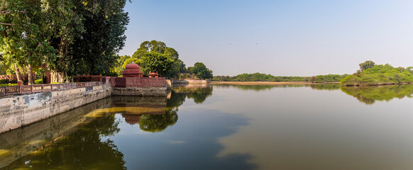 Fototapeta na wymiar A panorama view across the Gajner lake in Rajasthan, India