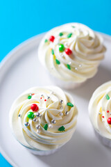 Homemade christmas cupcakes with different decorations. New year food concept.