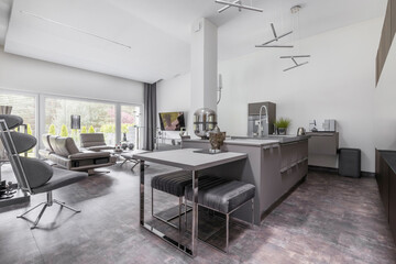 Open space living room and kitchen in glamour family house