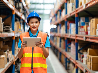 Portrait of Asian female worker with tablet pc computer working in automotive spare parts warehouse. people, car service, repair and maintenance concept
