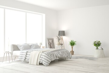 White bedroom interior. Scandinavian design. 3D illustration