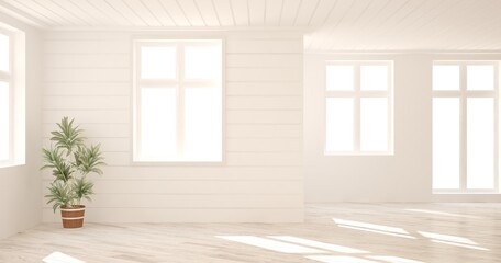 Panoramic white empty room. Scandinavian interior design. 3D illustration