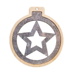 Christmas decoration. Metal star in wooden circle isolated on white. Close up.