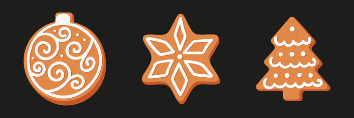 Set of Christmas or New year's gingerbread. The carvings are decorated with icing sugar. Vector stock flat illustration isolated on a black background.