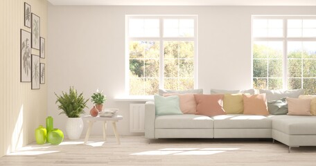 Stylish room in white color with sofa and autumn landscape in window. Scandinavian interior design. 3D illustration