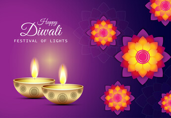 Happy Diwali - festival of lights colorful background with decorative diya lamp.