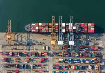 Container , container ship in export and import business and logistics. Shipping cargo to harbor by crane. Water transport International. Aerial view and top view. - obrazy, fototapety, plakaty