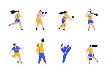 Fototapeta na wymiar Set of different athletes in motion. A collection of training people. Vector illustration in flat style.