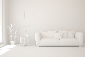 White minimalist living room with sofa. Scandinavian interior design. 3D illustration