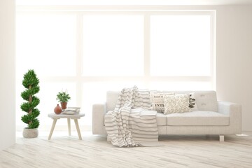 White living room with sofa. Scandinavian interior design. 3D illustration