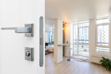 opened white door to modern living room interior