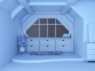 Blue monotone concept living room interior with open space and split-level floor, 3d rendering