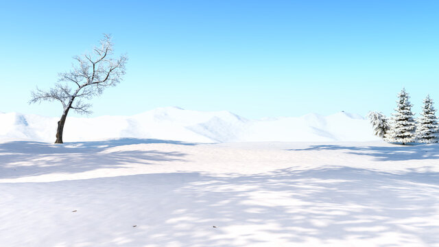 Winter snow field background selective focus on the field, 3d rendering