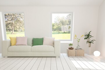 White living room with sofa and summer landscape in window. Scandinavian interior design. 3D illustration