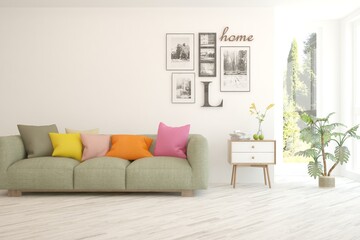 White living room with sofa and summer landscape in window. Scandinavian interior design. 3D illustration