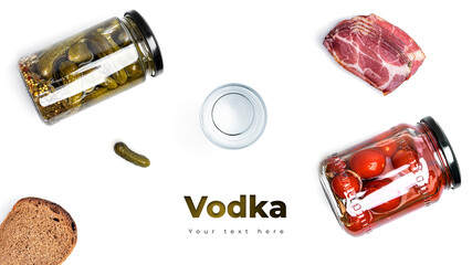 Fototapeta na wymiar Vodka, glasses and pickles on a white background. Long header banner format. Panorama website header banner. High quality photo