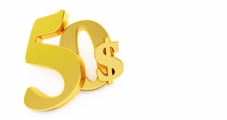 Golden fifty Dollar sign isolated on white background, 50 dollar price symbol. 3D render, 50$