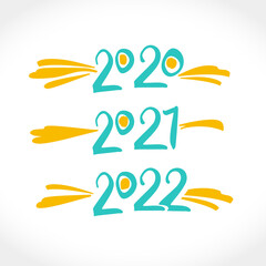 Calligraphy Years text design. Handwritten 2020, 2021, 2022 vector templates.
