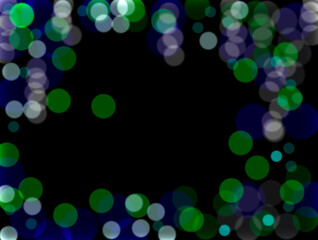 Frame made of multicolored bokeh lights on a black background with space for text. Layout, template.