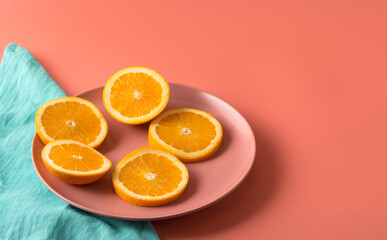 Slices of fresh juicy orange lie on pink plate. Citrus fruit is a symbol of new year and Christmas