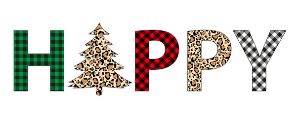 Plaid Christmas happy tree winter leopard tree vector holiday card © Tolchik