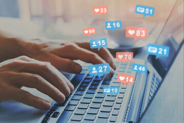 popularity on social media, like icons, influencer star on social network, hands typing on keyboard as background