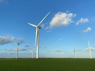 Fototapeta premium Wind turbines that produce electricity energy. Windmill Wind power technology productions Wind turbines standing in green field reflected in puddle - stock photo