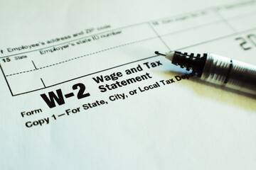 W-2 Tax Form With Fine Point Pen Close Up High Quality 