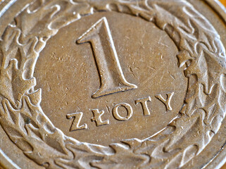 Closeup view at 1 PLN - Polish currency.