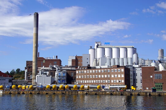 Karlshamn, Blekinge, Sweden - July 26, 2019: Factory building of AAK Sweden AB, one of the world's leading manufacturers of high value-added speciality vegetable oils and fats.