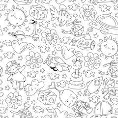 Seamless vector pattern with toys. Little children creativity and imagination. Online education, educational games.