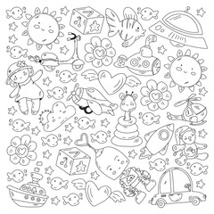 Kindergarten, toys vector pattern. Little children creativity and imagination. Online education, educational games.