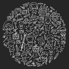 School, kindergarten with cute vector children. Dancing, singing, painting, online education. Creativity and imagination.