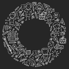 School, kindergarten with cute vector children. Dancing, singing, painting, online education. Creativity and imagination.