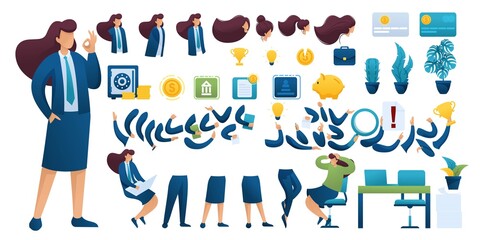 Fototapeta na wymiar Constructor for creating a Businesswoman. Create your own Businesswoman character with a Set of hands and feet. Flat 2D vector illustration N8
