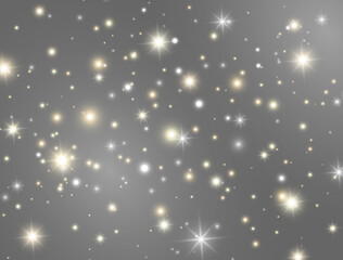 Naklejka na ściany i meble Glitter lights effect. Magic dust particles. Bright golden and white sparkles on grey background. Shining stars composition. Sun flash. Christmas design. Vector illustration