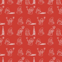 Christmas seamless pattern. Snowmen on a red background. Design for holiday wrapping paper