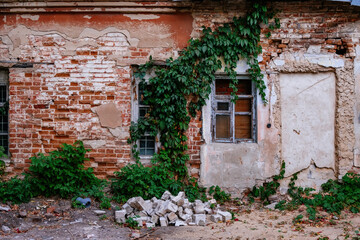 Fototapeta na wymiar Old overgrown red brick ruins in autumn