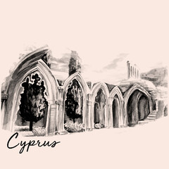 Vintage bellapais abbey, northern Cyprus, watercolor art illustration 