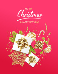 Obraz na płótnie Canvas Merry Christmas and Happy New Year card with gift boxes, golden glitter snowflake, balls, fir tree, candy and confetti on red background. Vector ilustration.
