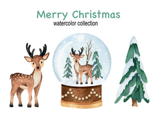 Christmas and New Year watercolor set with deer, snowball globe and pine tree