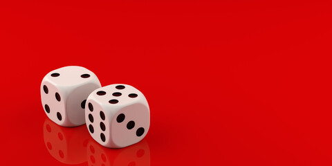 two white dices on red background. 3d rendering