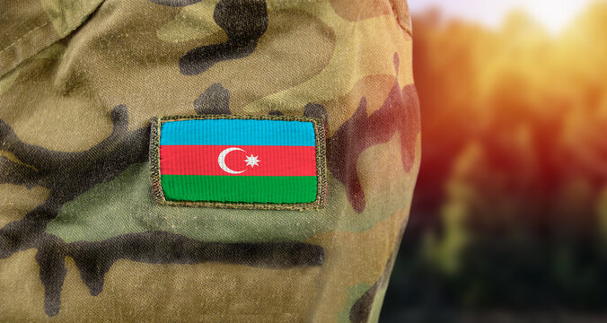 Flag Of Azerbaijan On Military Uniform. Azerbaijani Army, Armed Forces, Soldiers.