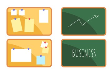 Vector set of four business illustrations. Blackboard (chalkboard) with growth graph and pin board with notes.