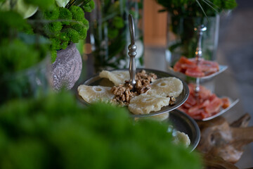 A healthy and beautiful breakfast with local organic and natural foods in the green garden of the hotel. food and drink holiday concept